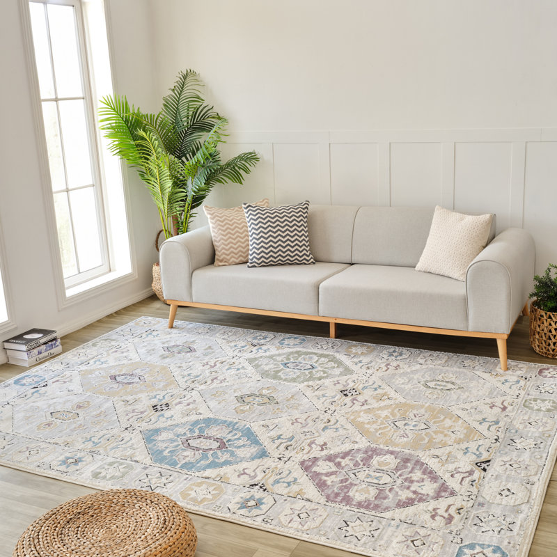 Rug Branch Jinan 5' x 8' (5'3" x 7'7") Beige/Grey Tile Medallion Indoor Area Rug, Traditional, Medium Pile, Stain-Resistant Carpet - Living Room, Bedroom, Dining Room, and Kitchen
