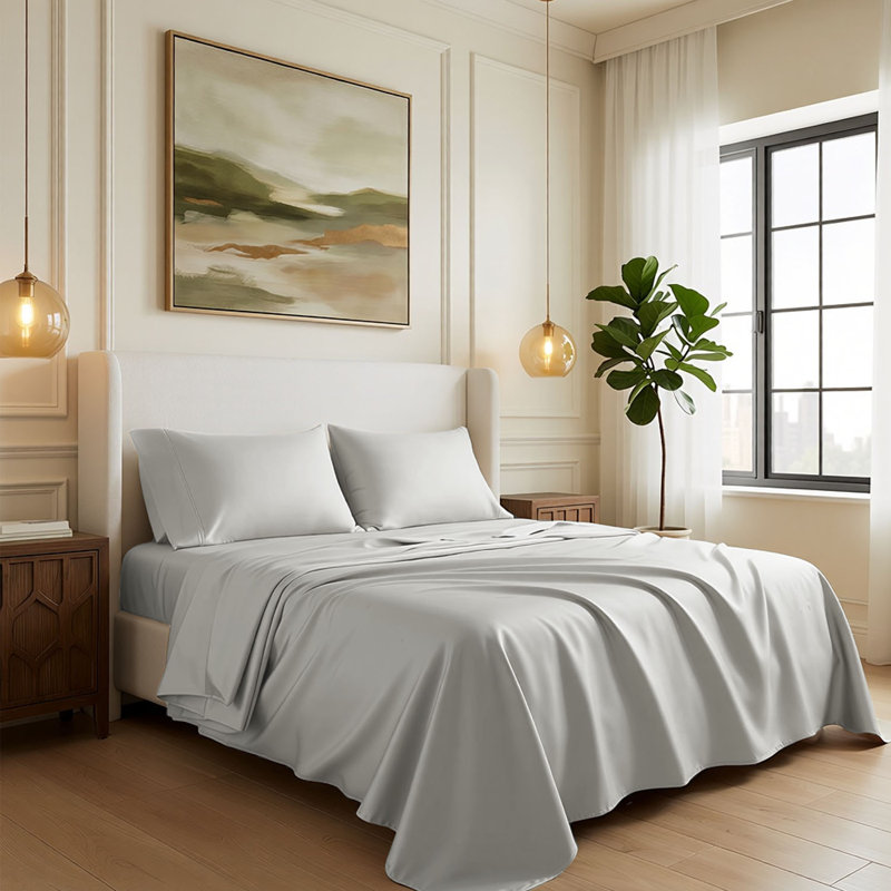 600 Thread Count 100% Cotton Sheet set in Sateen Weave, Twin Sheet Set with 1 Pillowcase, Light Gray, Solid