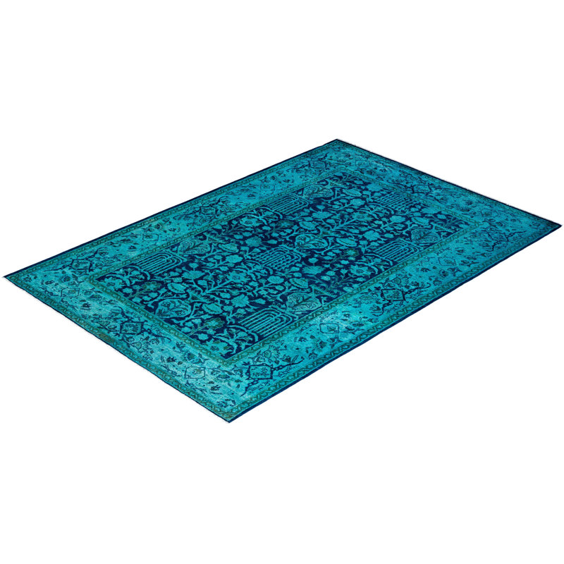 Tapis unique noué à la main Vibrance - bleu, 5 pi 2 po x 7 pi 6 po