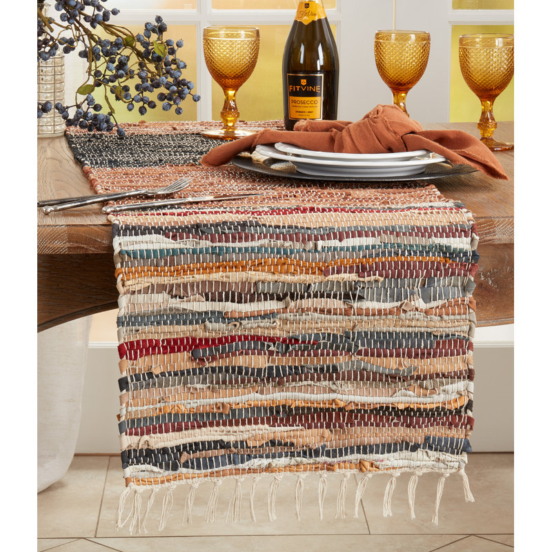 Multicolor Striped Chindi Table Runner with Tassels