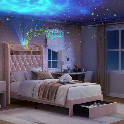 Cadre de lit Aurora avec tiroirs et tête de lit avec rangement, cadre de lit Galaxy Star