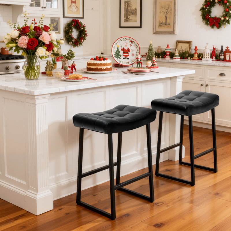 24" Modern Backless Saddle Counter Height Bar Stools With Metal Frame for Kitchen Island, Black Seat/Black Frame