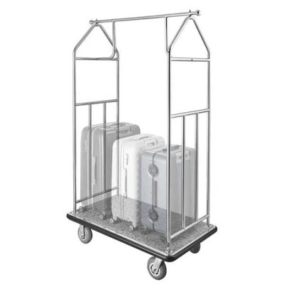 Chariot à bagages pour hôtel VEVOR, capacité de charge de 800 lb, chariot de Bellman en acier inoxydable brossé, chariot à valet avec plateforme en moquette grise et roues en caoutchouc de 6 pouces, idéal pour les hôtels, condos, complexes hôteliers, argent