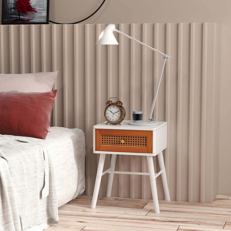 Bay Isle Home™ Nightstand With Storage Drawer Rattan Decoration Solid Wood Legs For Bedroom, Individual
