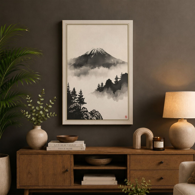Mountain Above the Mist Japandi - Wrapped Canvas, 36x24 - 91.4 x 61.0 cm, Teal Border