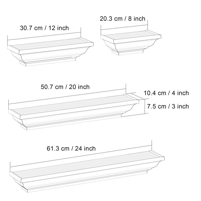 4 Piece Solid Wood Floating Shelf, Black