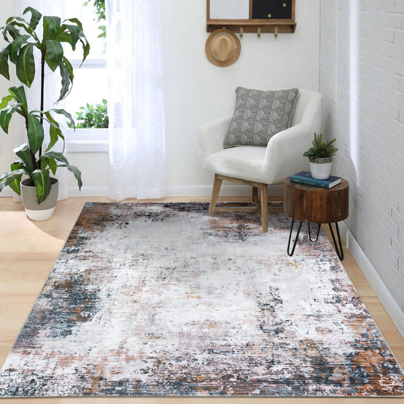KATINE Modern Abstract Machine Washable Area Rug Brown Silver/Ivory, Rectangle 3'6" x 5'6"