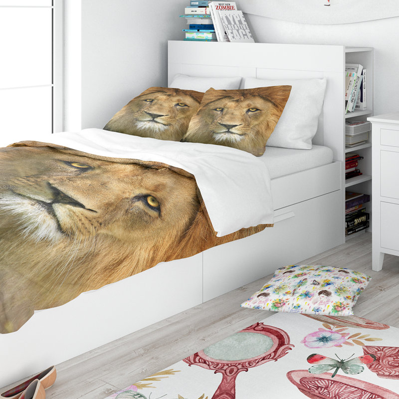 Ensemble de housse de couette designart lion avec visage calme, Housse simple + 1 taie décorative