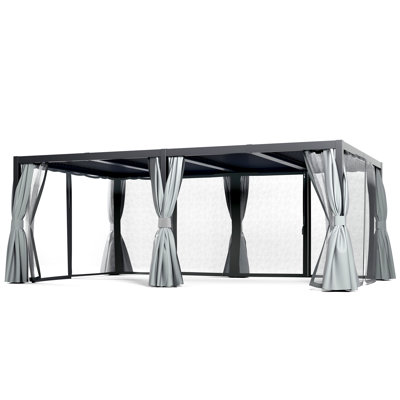 16 Ft.W x 12 Ft.D Black Outdoor Hardtop Pergola with Aluminum Frame, Adjustable Dual-Zone Louvers, Curtains and Netting