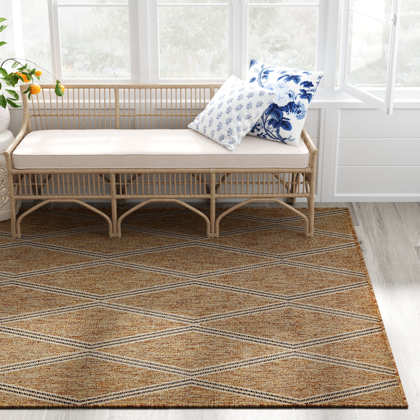 Twill Brown Beige Geometric Outdoor Rug, Rectangle 8' x 10'