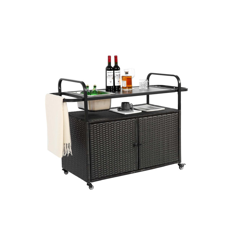 Outdoor Bar Table, Wicker Bar Cart with Cabinet, Patio Serving Cart with steel Top, with one ice bucket,Lockable Wheels, Side Basket for Garden, Poolside & Backyard