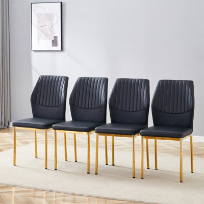 Luxury Simple Chair - Set Of 4 BLACK PU Material High Resilience Dining Chair With Metal Gold Leg.The Chair Back Has A Vertical Stripe Design With Smooth And Uniform Lines.