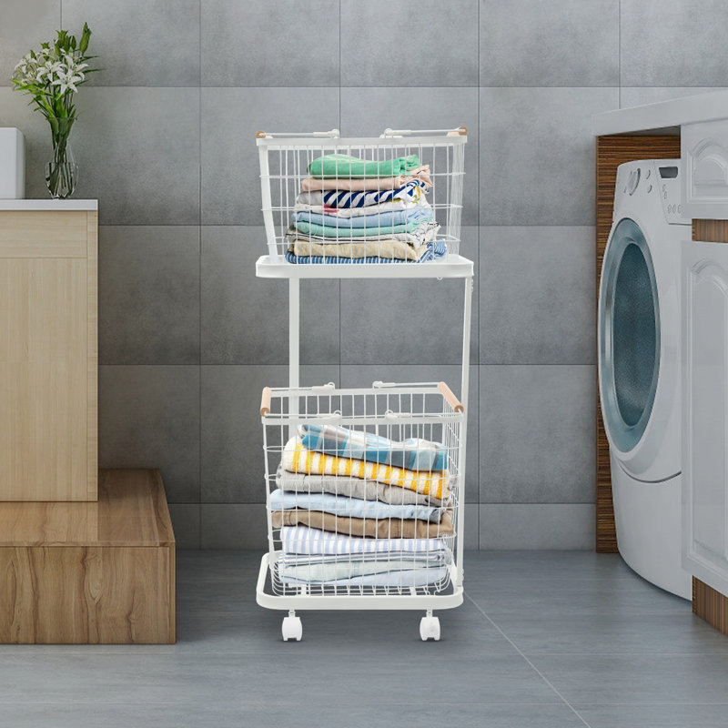 Panier à linge en métal à 2 niveaux avec roulettes, Blanc