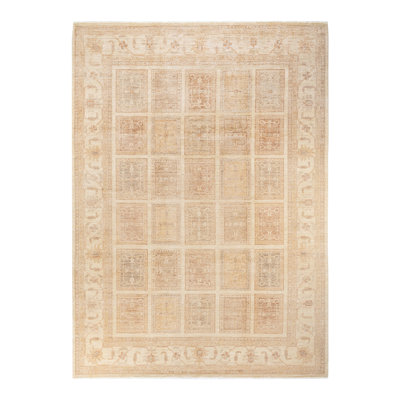 Tapis ivoire / brun en laine noué à la main de conception unique 8 pi 3 po x 11 pi 4 po Kiaron
