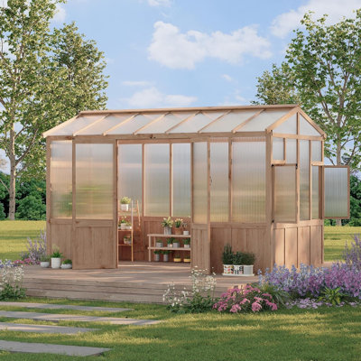 10x12 ft Wooden Greenhouse for Outdoor - Heavy Duty Walk-in Green House Kit with 6 mm Polycarbonate,Ventilated Window & Lockable Door for Backyard,Patio,Lawn