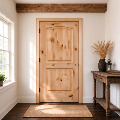 2-Panel Arch Top Knotty Alder Prehung Interior Door, Solid Core Unfinished Rustic Wood Door with Frame