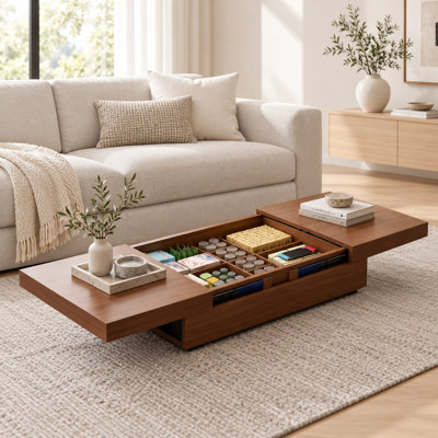 Extendable Storage Coffee Table - Sliding Extension 120-208cm (47-82"), Walnut MDF Top & Metal Frame, Modern Minimalist Style