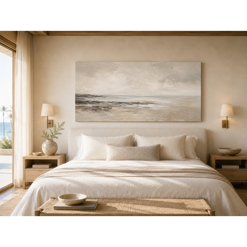Ivoire beige paysage marin côtier enveloppé Iraima, L 55 po x H 27,5 po x P 1,5 po