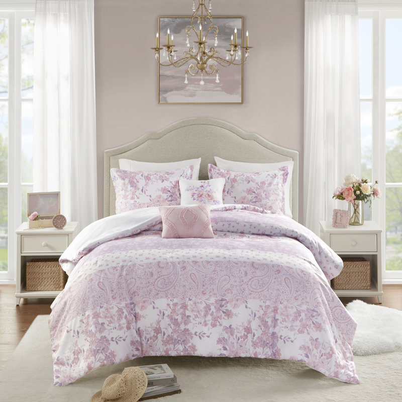 Romantic Pink Floral Paisley Full Comforter Set with Microfiber