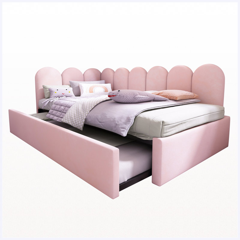Lit double rembourré avec lit gigogne, canapé-lit en velours avec cadre à lattes métalliques, rose (matelas non inclus)