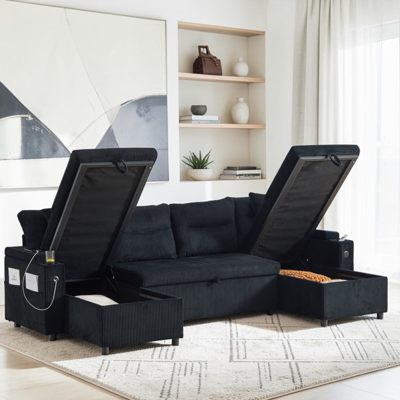 Corduroy 4-seater Sofa, Cup Holders, USB Ports, Pull-out Bed, Black