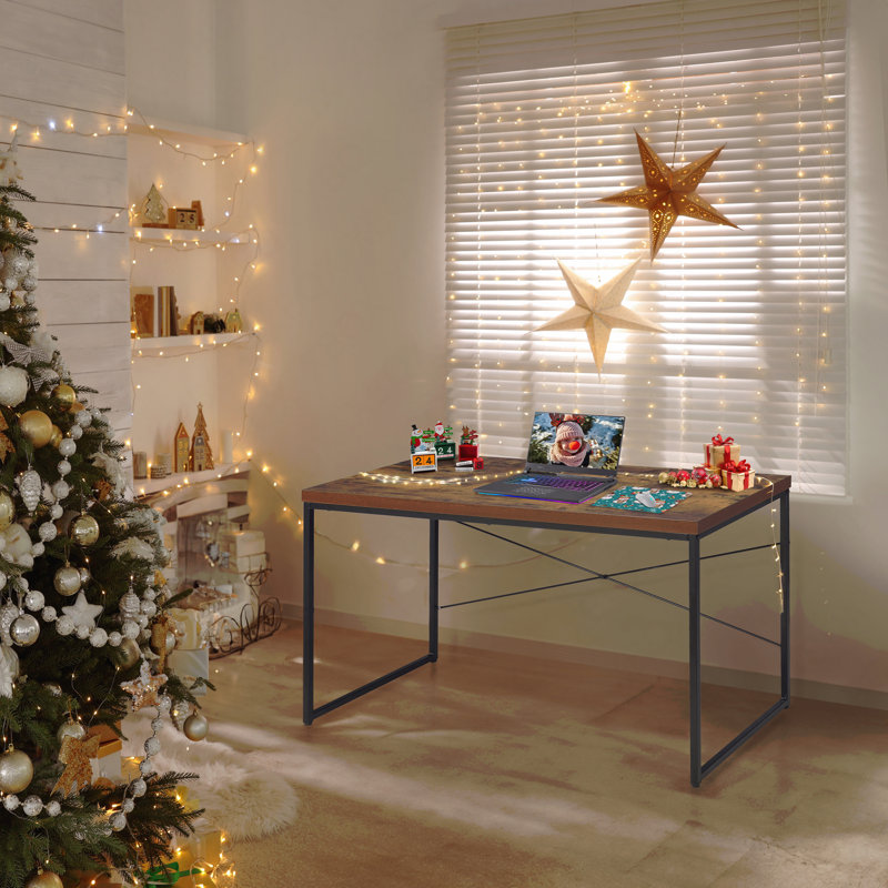 Weathered Oak & Black Finish Writing Desk/Dressing Table/Game Table/Small Dining Table W/ Metal Legs, Brown