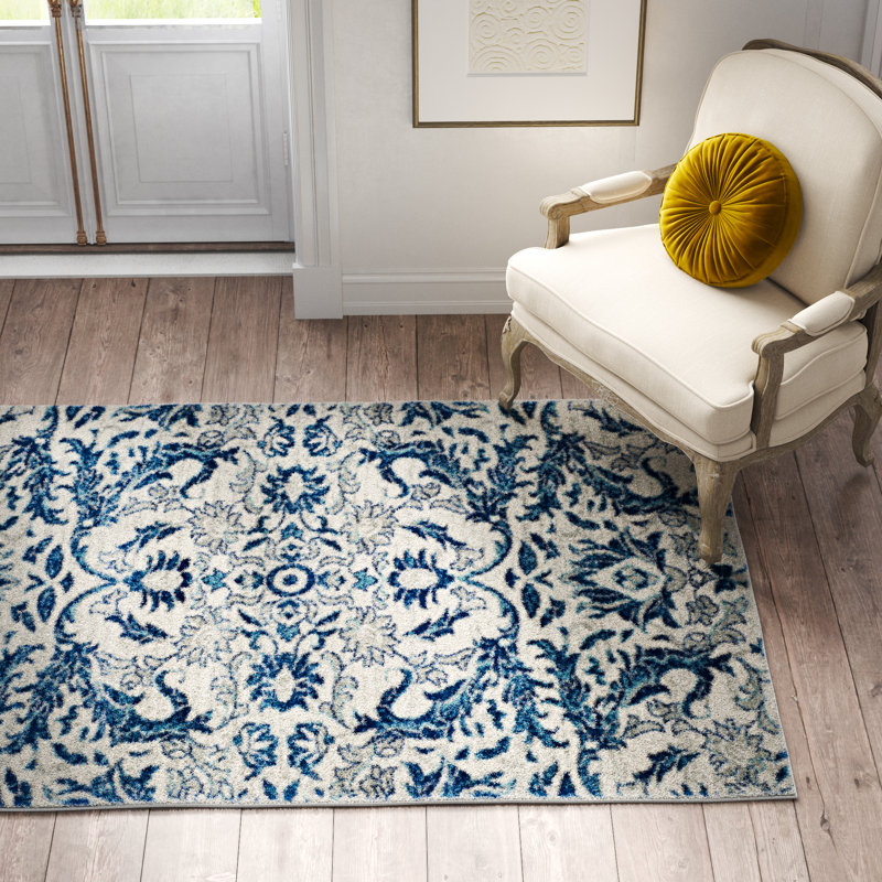 Tapis à motif floral ivoire / bleu Alessia, Rectangle 3 pi x 5 pi