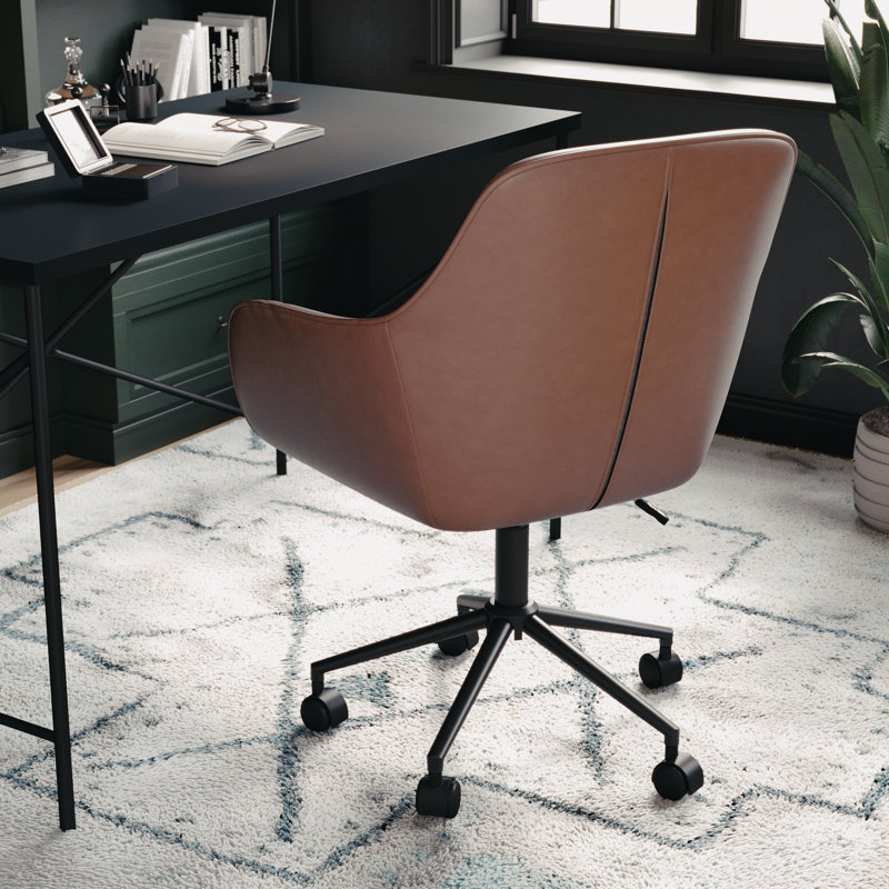 Saddle Brown Faux Leather Swivel Office Chair with Oil Rubbed Bronze Frame