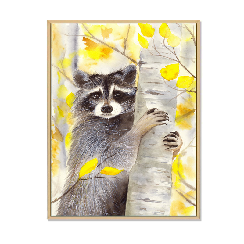 «A Cute Racoon on a Birch Tree with Autumn Yellow», peinture sur toile, Cadre flottant en érable, H 32 po x l 24 po x P 1 po