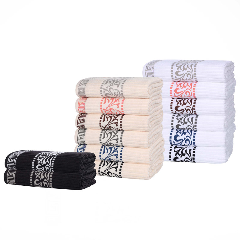 Ivory and Navy Cotton Towel Set with Greek Key Trim