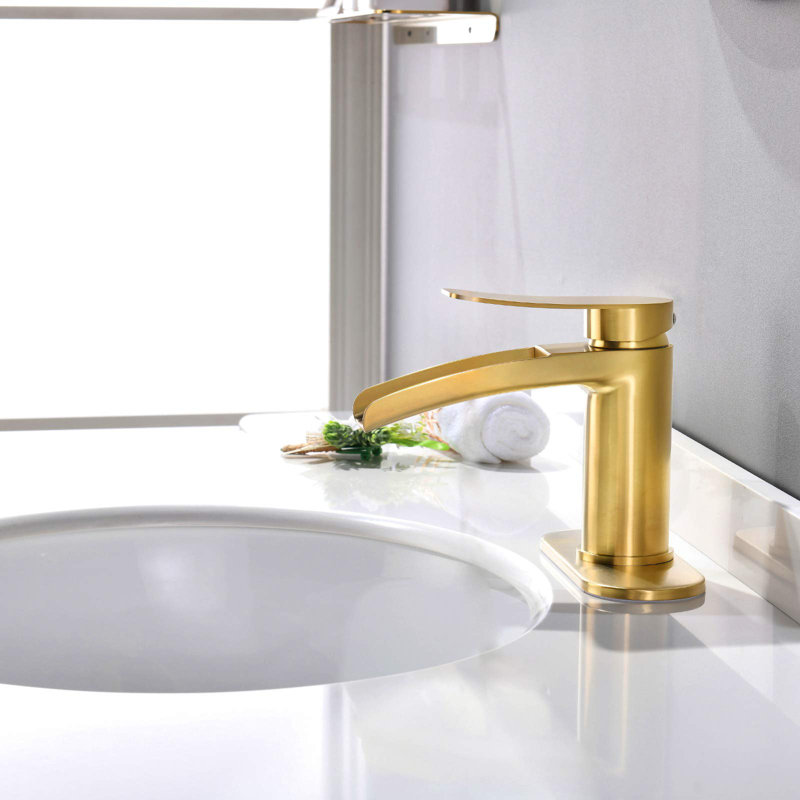 Single Handle Waterfall Faucet For Bathroom Sink In Brushed Gold Finish, With 6-Inch Deck Plate,Metal Pop Up Drain Assembly & CUPC Water Supply Lines