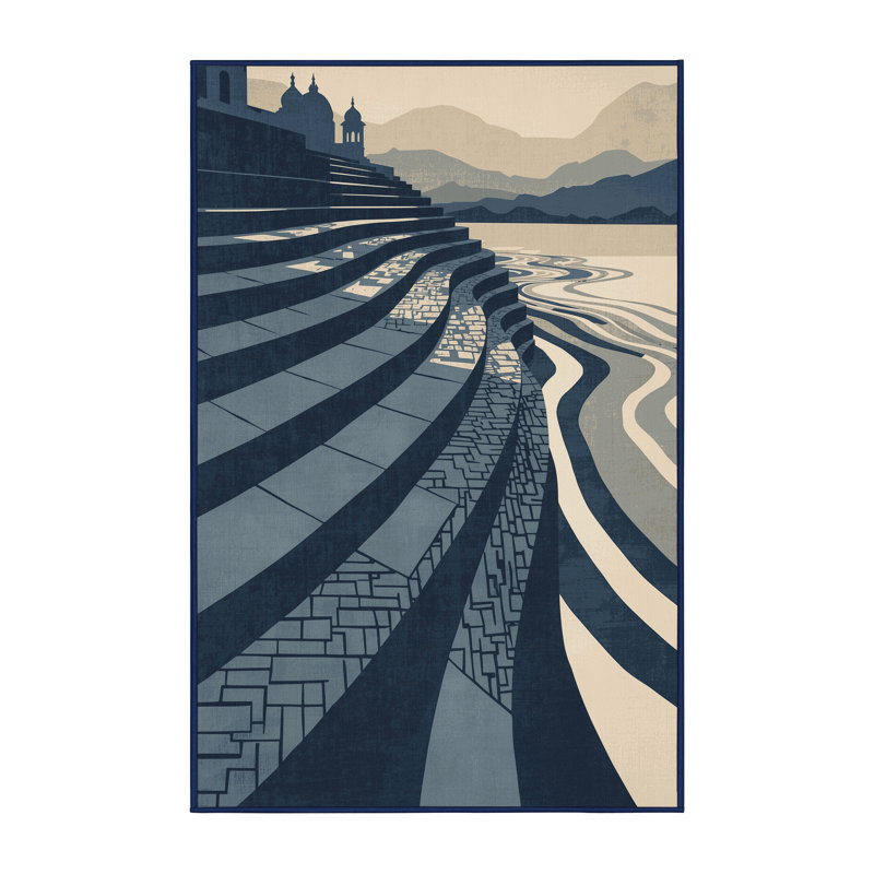 Machine Washable Orkan Varanasi Ghats Global Inspired Block Print Rug in Gray – Navy Binding, 6x9