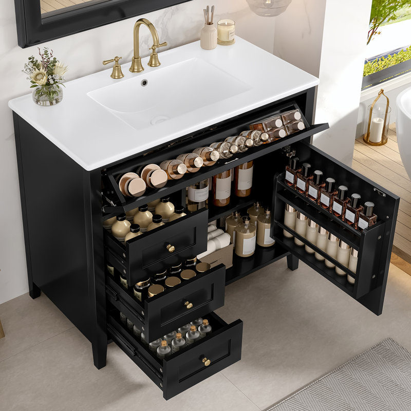 Meuble-lavabo noir 36 po avec lavabo, Noir et or