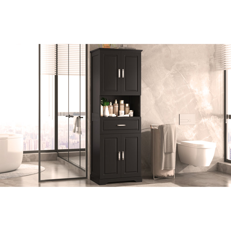 Armoire de salle de bain autoportante avec système de rangement multiple, Noir, noir, noir, noir