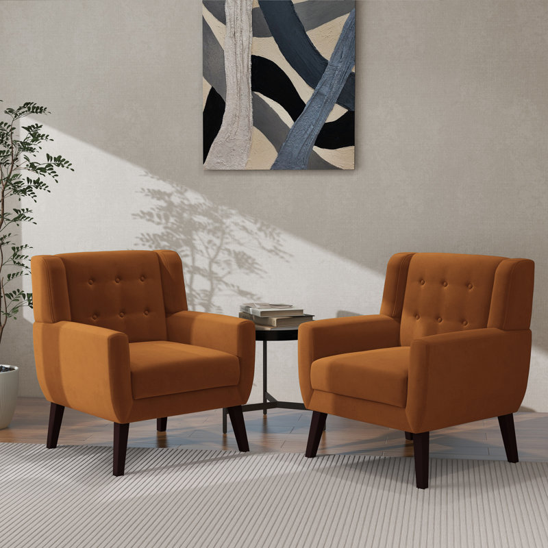 Davey Upholstered Orange Velvet Tufted Wide Back Armchair with Solid Wood Leg, Orange Velvet