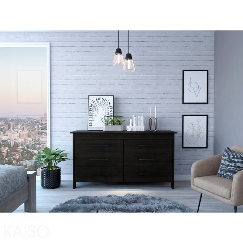 Commode double 6 tiroirs, quatre pieds, plateau supérieur - noir, Black