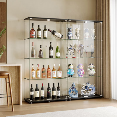 Glass Display Cabinet With 4-Shelf Double Doors And Lock, Curio Cabinet 5Mm Tempered Glass Floor Standing Bookshelf For Living Room, Bedroom, Office, 64 X 31.7 X 14.3 In