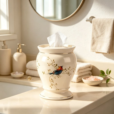 Ceramic Wastebasket for Bathroom, Bedroom & Office – Hand-Painted Gilded Birds Collection Trash Can with Elegant Home Decor Style