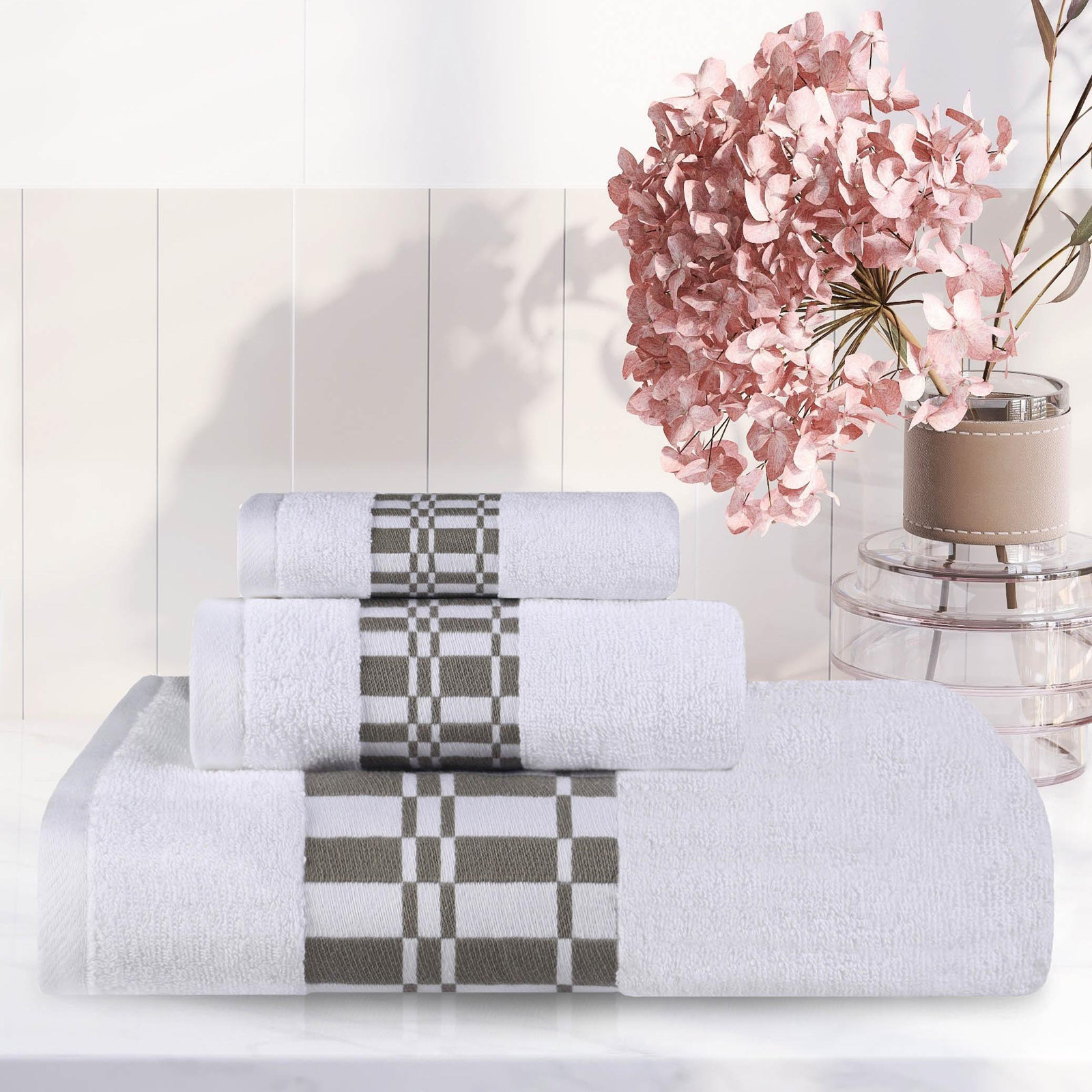 Davis Larissa Cotton Medium Weight Geometric Border 3 PC Assorted Towel Set, White/Gray