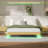 King Floating Bed Frame With LED Lights, Wave Curve Wood Texture Bed With Heavy Duty Metal Slats - No Box Spring Needed.-1247606981