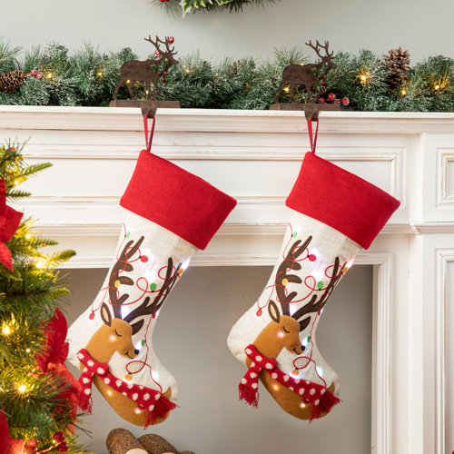 The Holiday Aisle® LED Embroidered Linen Christmas Deer Stocking ...