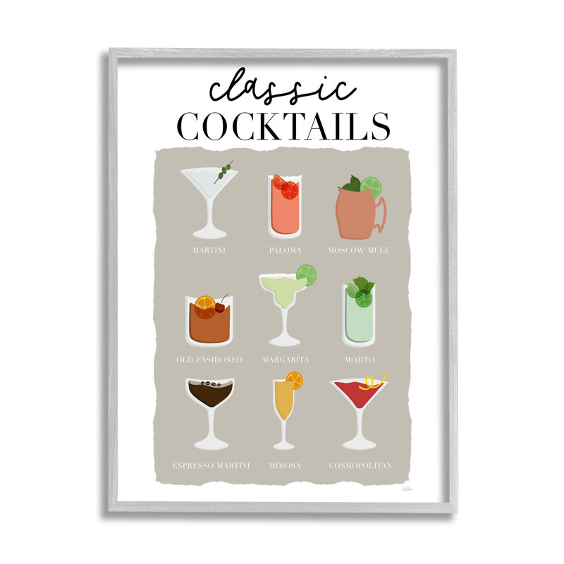 Tableau classique des cocktails, H 30 po x l 24 po x P 1,5 po, Estampe numérique Farmhouse