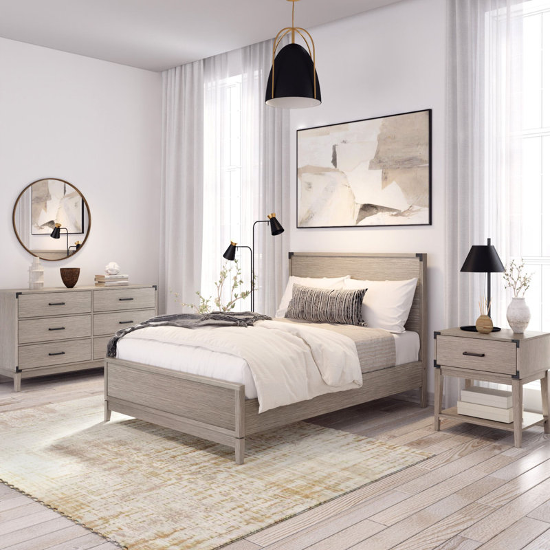Aydin Solid Wood Panel Bed, Seashell Wirebrush
