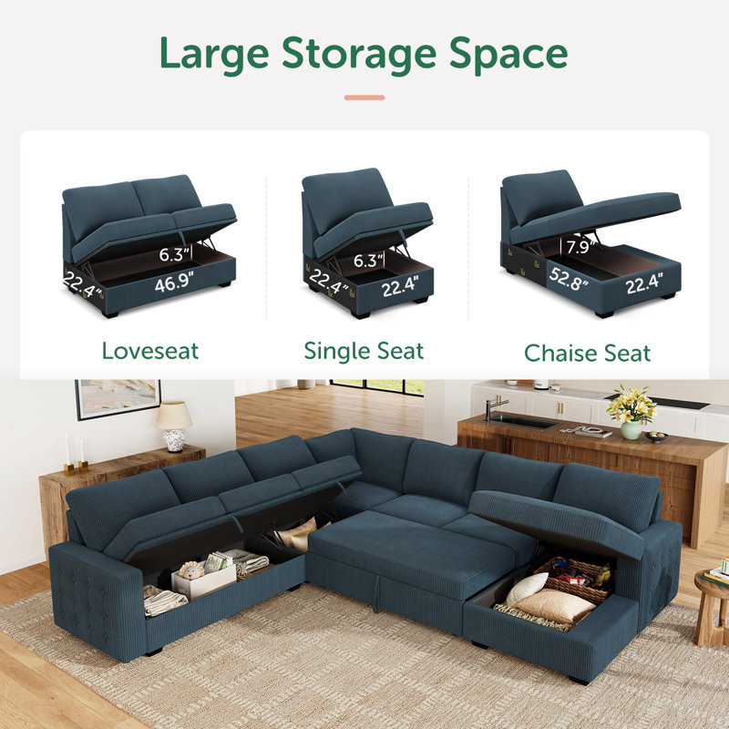 Brunella U-shaped Oversized Sleeper Sofa Storage Corduroy Sectional, Blue Corduroy