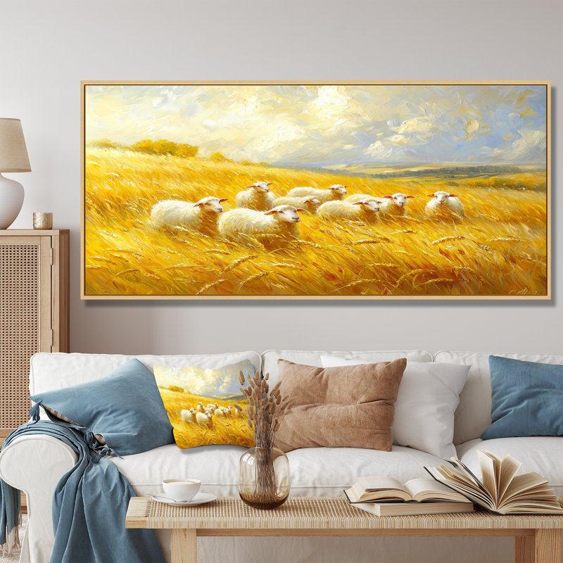 Golden Fields of Sheep I - Sheep, art mural, H 28 po x l 60 po, Reproduction avec cadre flottant, Crème, crème