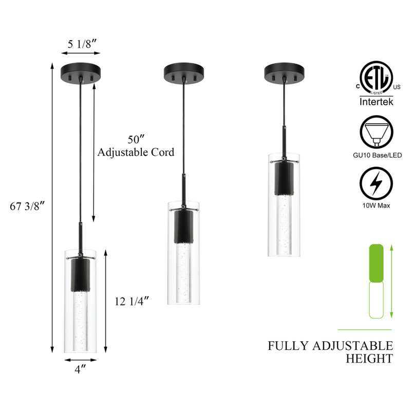 1 Light Mini Pendant Lights With Glass And Bubble Crystal, Modern Hanging With Led Bulb, Matte Black