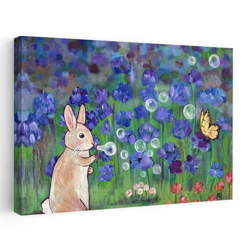 Affiche murale contemporaine représentant un lapin fantaisiste dans un jardin avec des bulles et des fleurs.