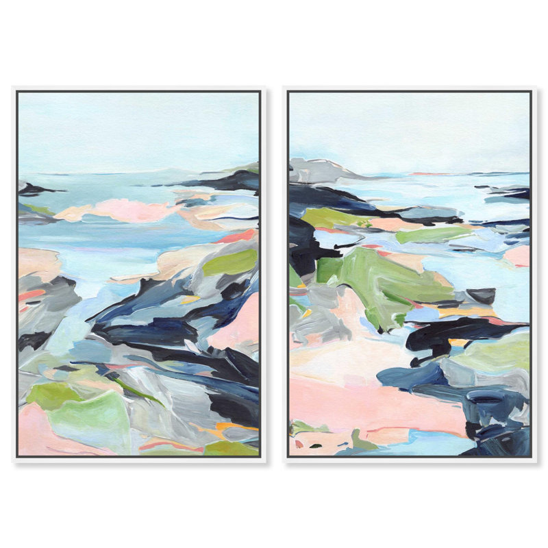 Ensemble de décoration murale « Coastal Serenity » sur toile, couleur rose coucher de soleil, par Art Remedy, cadre noir, 10 x 15