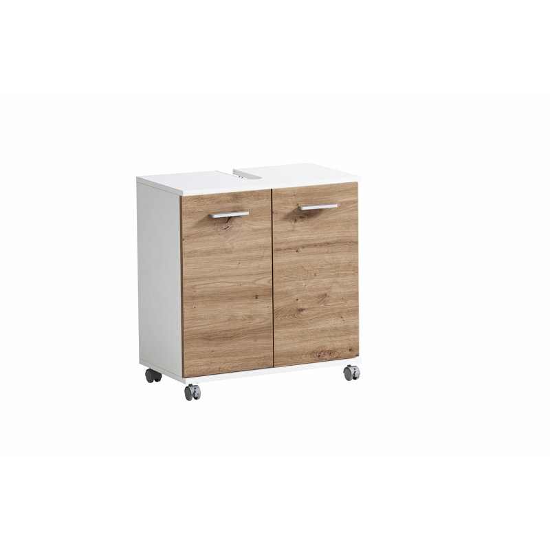 Hafley Bathroom Storage Cabinet, Matte White/Artisan Oak Decor/Silver