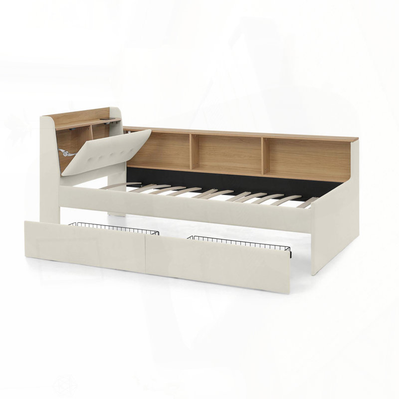 Lit de jour simple en tissu d'ameublement en velours avec tête de lit avec rangement et chargement sans fil, lit de jour multifonctionnel avec deux tiroirs de rangement et lumières DEL